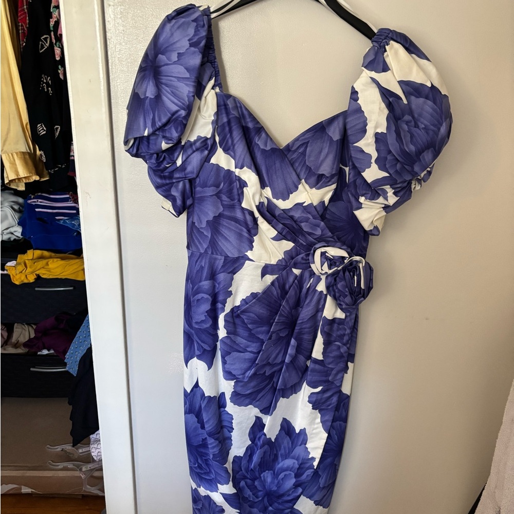 Puff-Sleeve Floral Midi Dress in Blue and White